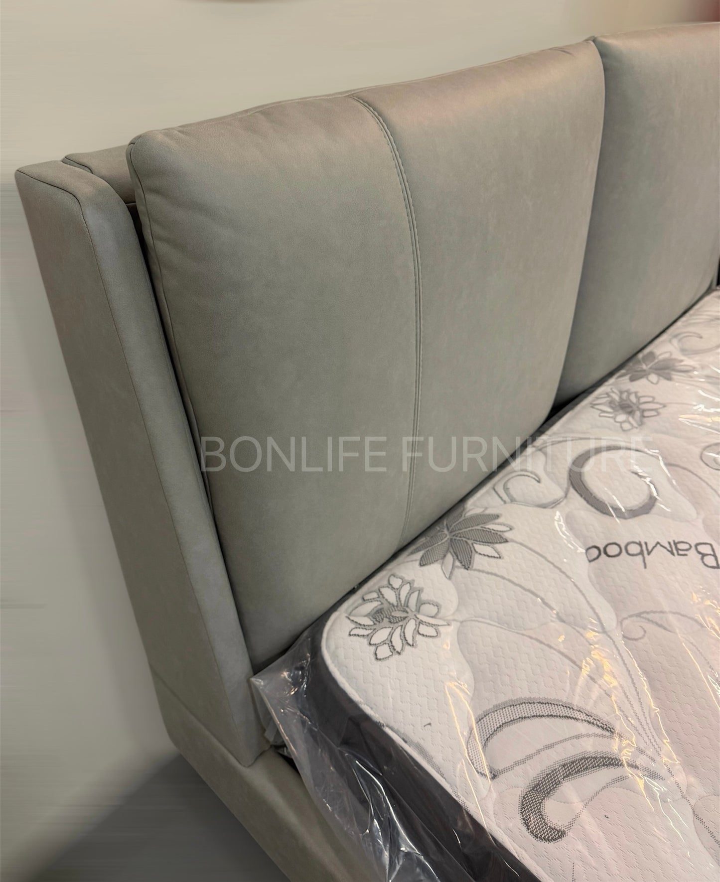 Modern Grey PU Leather Platform Bed – Padded Headboard-I5340