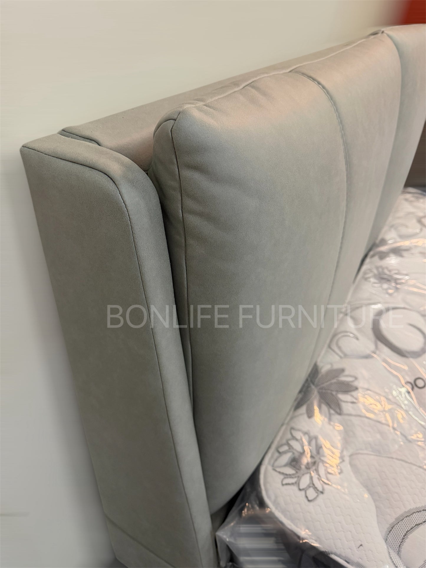 Modern Grey PU Leather Platform Bed – Padded Headboard-I5340