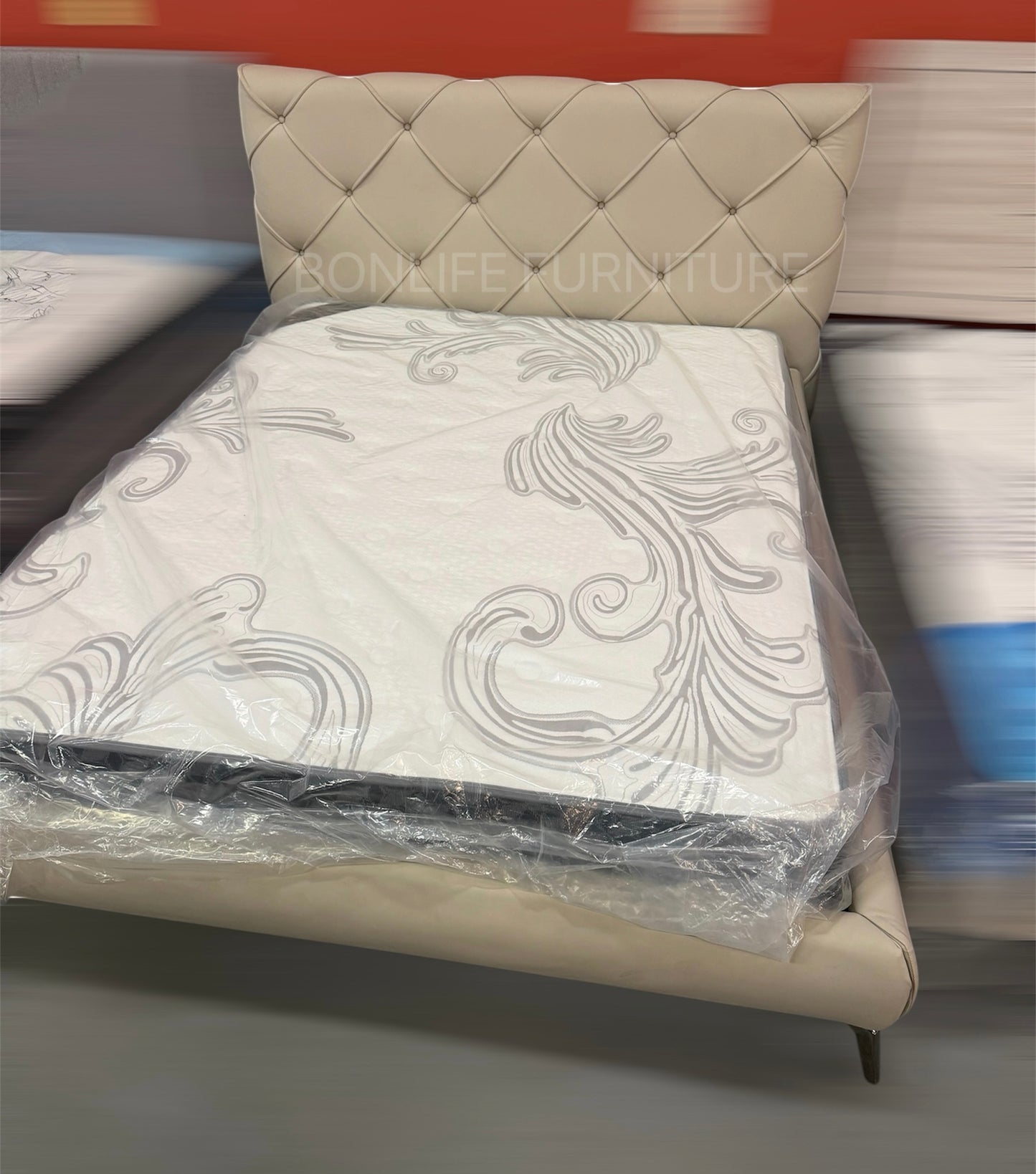 Cream PU Leather Platform Bed – Diamond Tufted Headboard-I5945