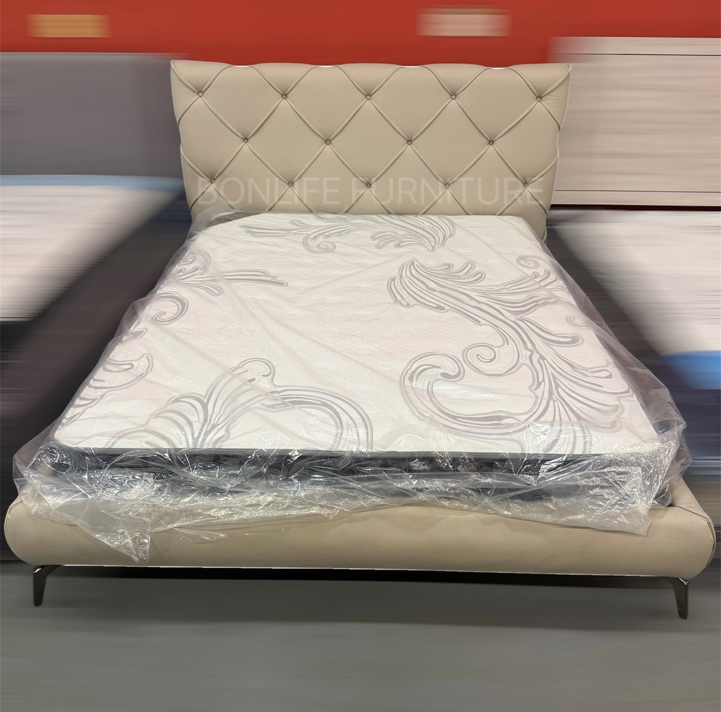 Cream PU Leather Platform Bed – Diamond Tufted Headboard-I5945