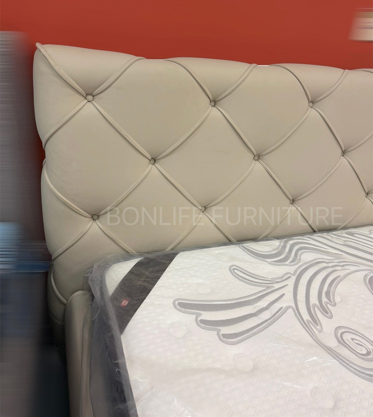 Cream PU Leather Platform Bed – Diamond Tufted Headboard-I5945