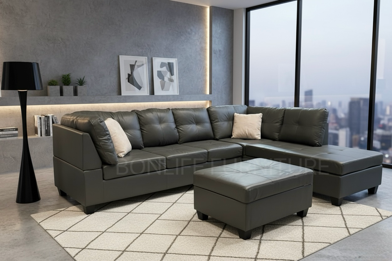 Gel Leather Sectional Sofa with Storage Ottoman-UNIVERSITY