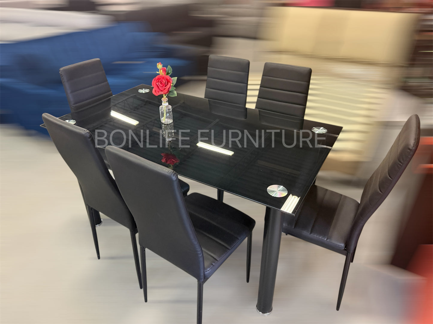 7-Piece Modern Dining Set – Black Tempered Glass-T3407