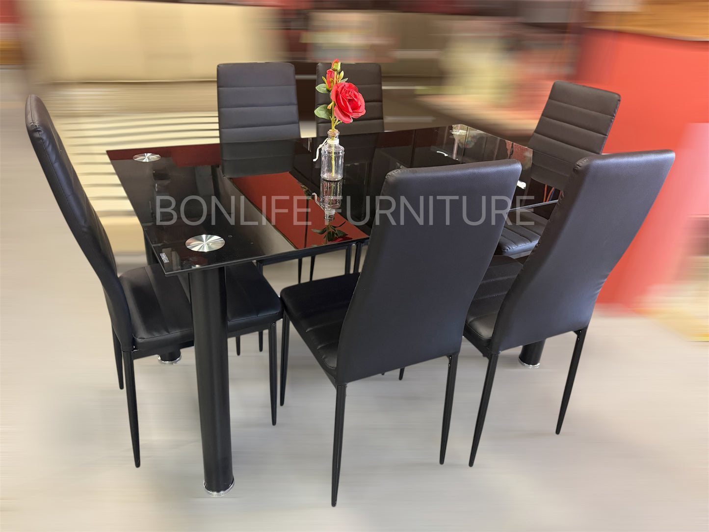 7-Piece Modern Dining Set – Black Tempered Glass-T3407