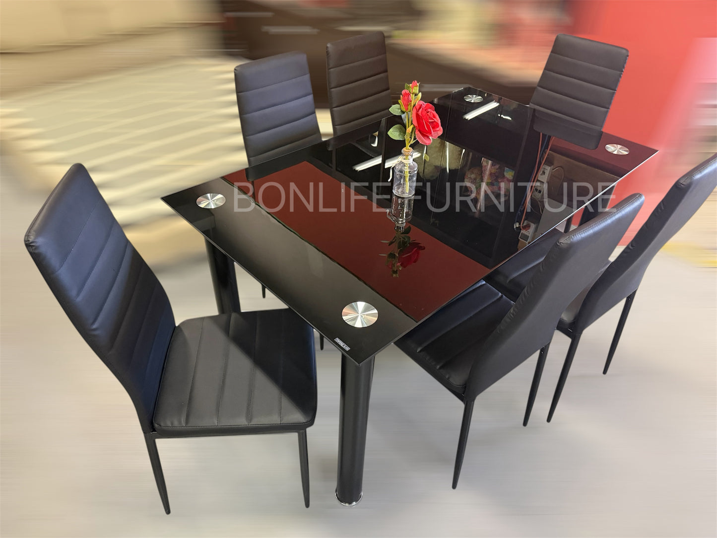 7-Piece Modern Dining Set – Black Tempered Glass-T3407