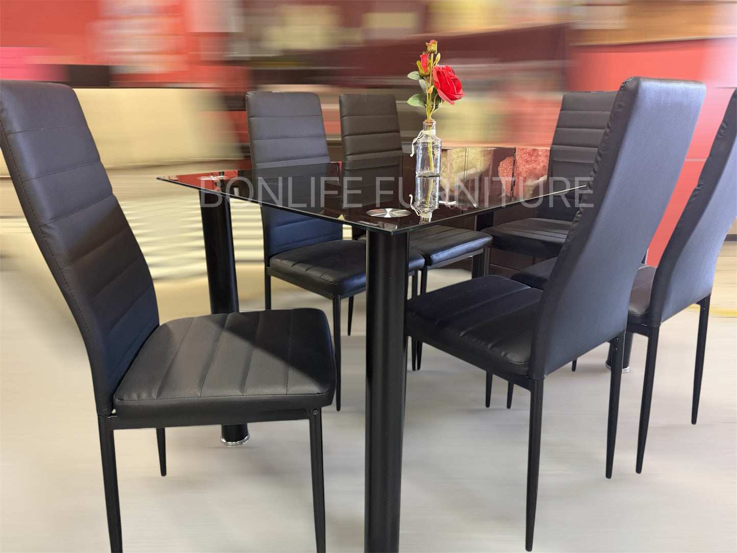 7-Piece Modern Dining Set – Black Tempered Glass-T3407