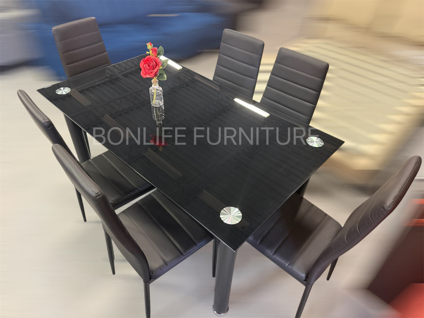 7-Piece Modern Dining Set – Black Tempered Glass-T3407