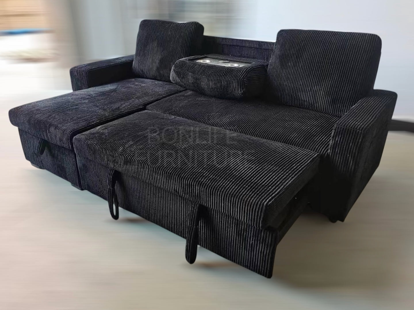 Corduroy Sectional Sofa Bed with Storage, USB & Tray – Reversible-SHELF