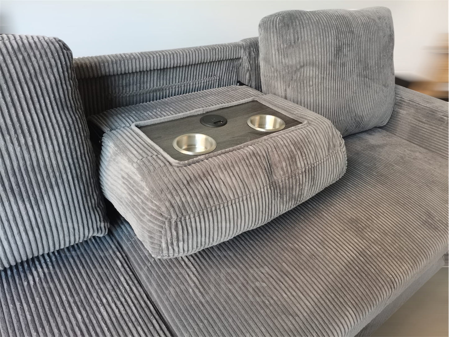 Corduroy Sectional Sofa Bed with Storage, USB & Tray – Reversible-SHELF