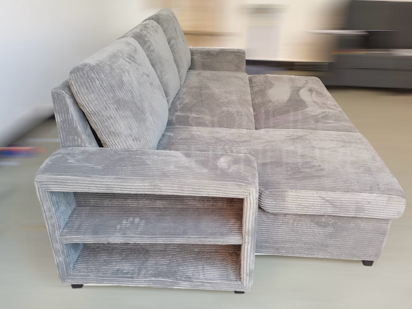 Corduroy Sectional Sofa Bed with Storage, USB & Tray – Reversible-SHELF