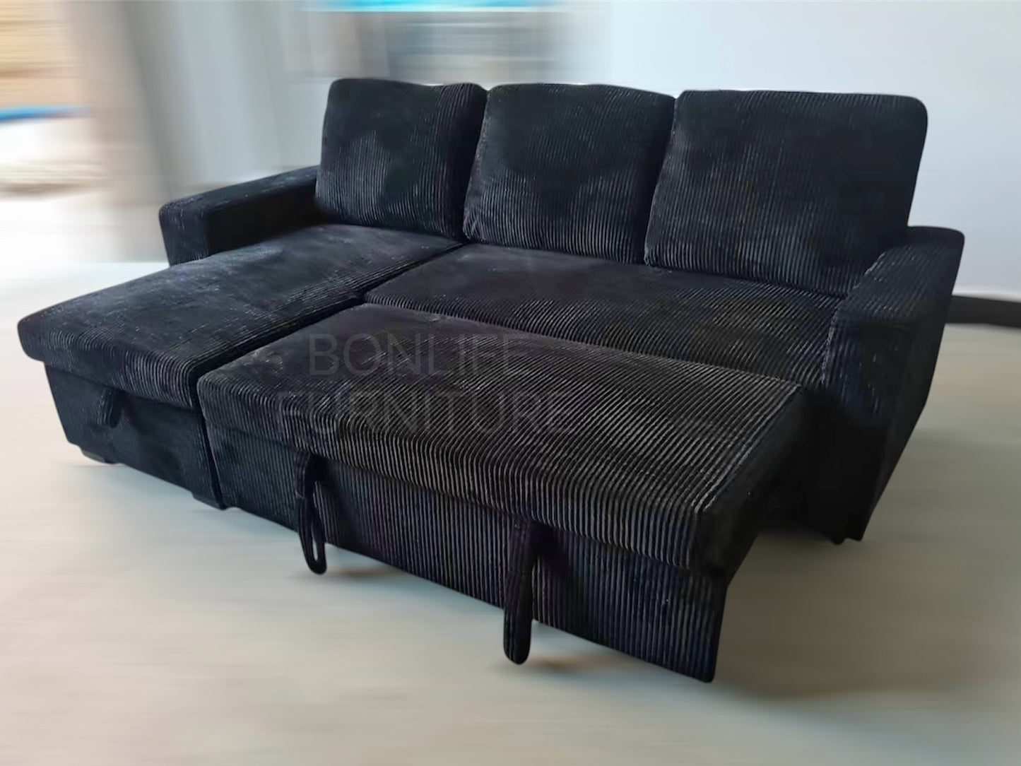 Corduroy Sectional Sofa Bed with Storage, USB & Tray – Reversible-SHELF
