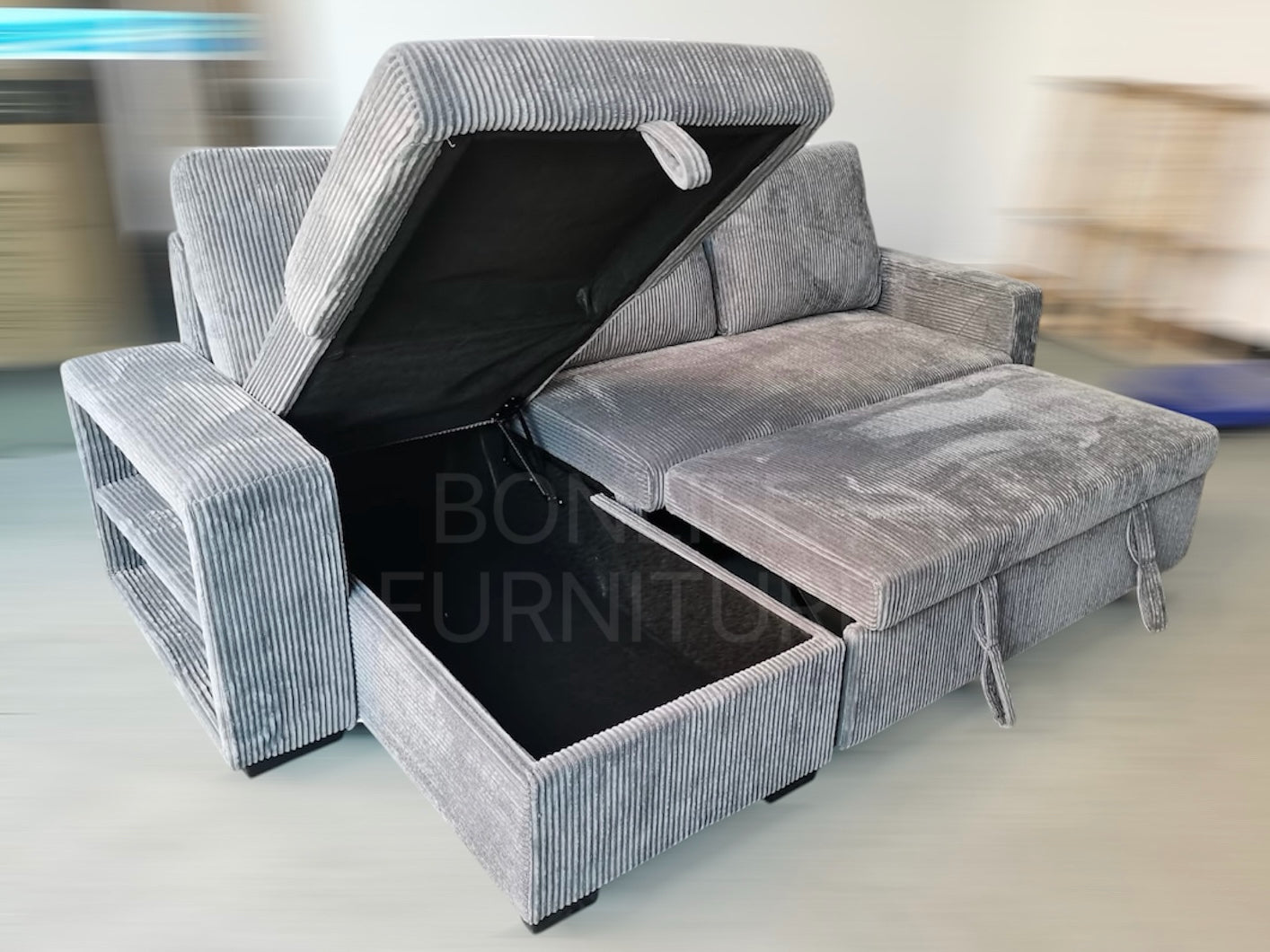 Corduroy Sectional Sofa Bed with Storage, USB & Tray – Reversible-SHELF