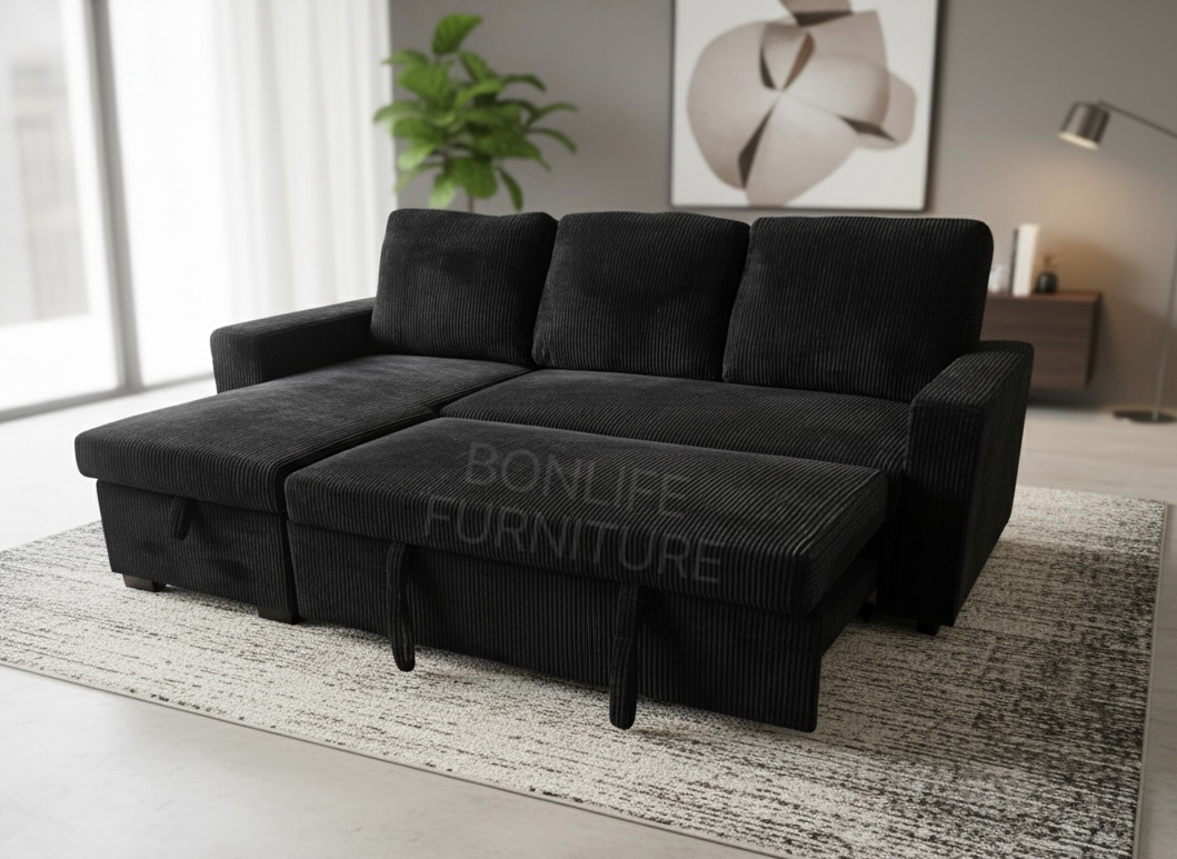 Corduroy Sectional Sofa Bed with Storage, USB & Tray – Reversible-SHELF