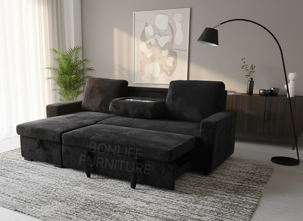 Corduroy Sectional Sofa Bed with Storage, USB & Tray – Reversible-SHELF