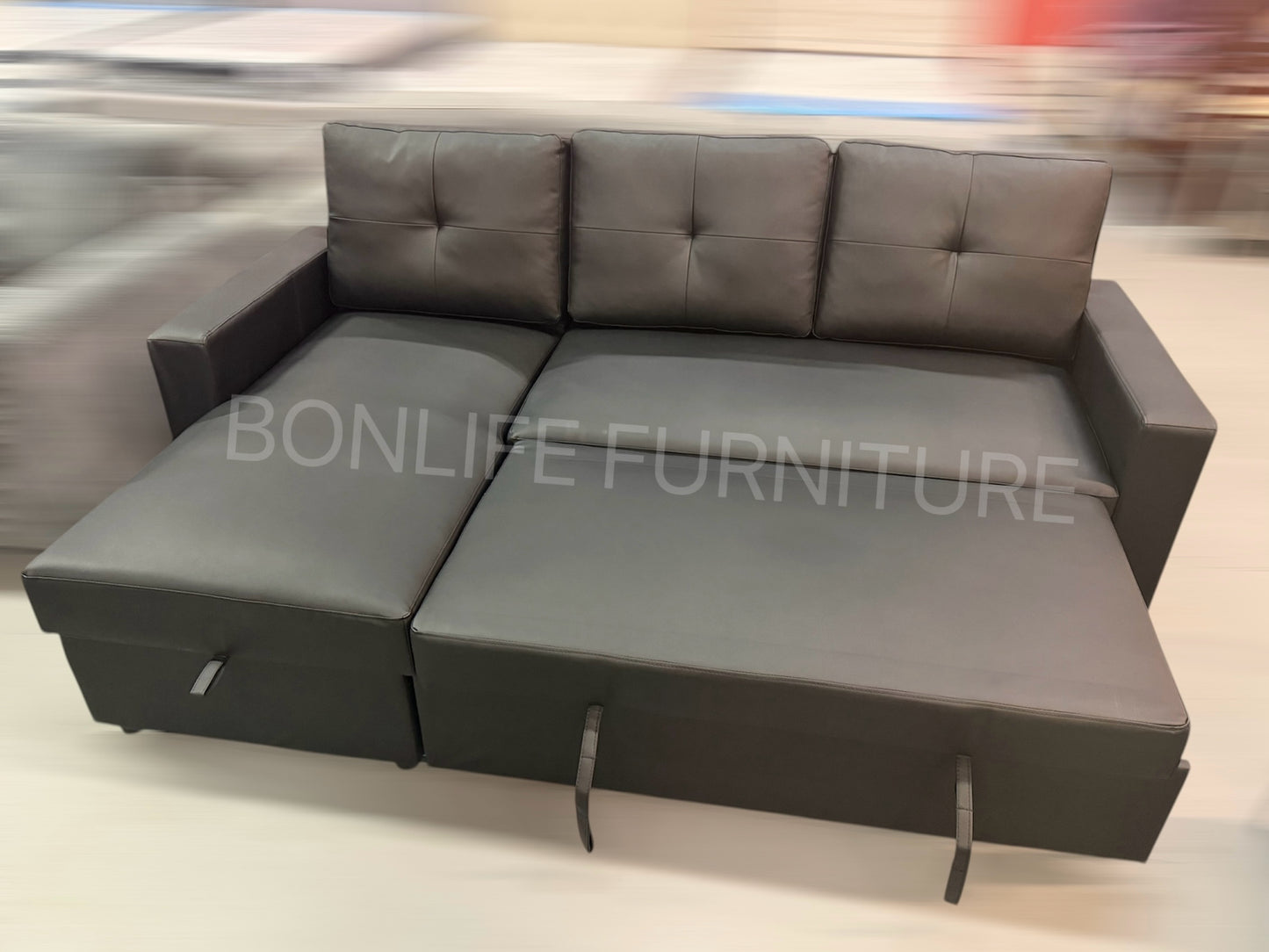 Modern Black PU Leather Sofa Bed Sectional with Storage – I9032