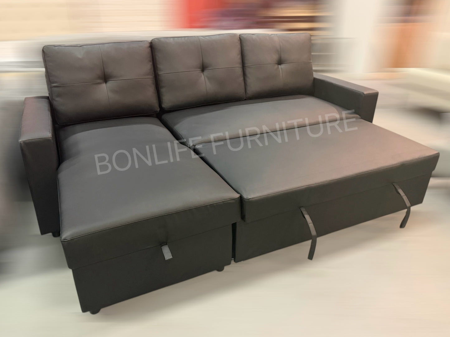 Modern Black PU Leather Sofa Bed Sectional with Storage – I9032