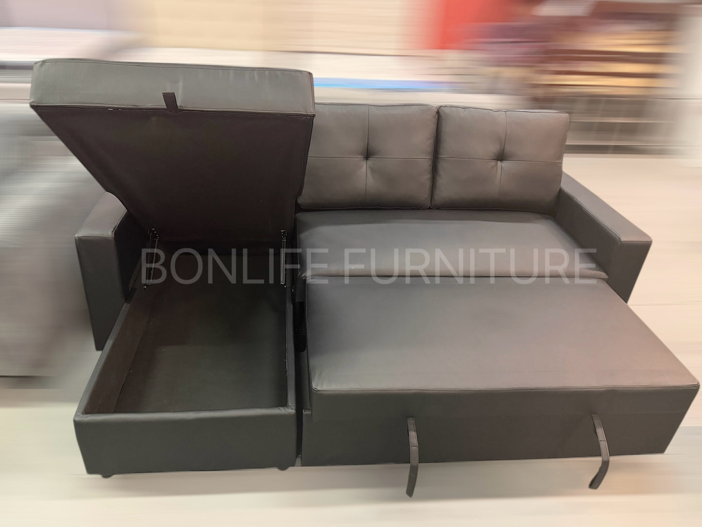 Modern Black PU Leather Sofa Bed Sectional with Storage – I9032