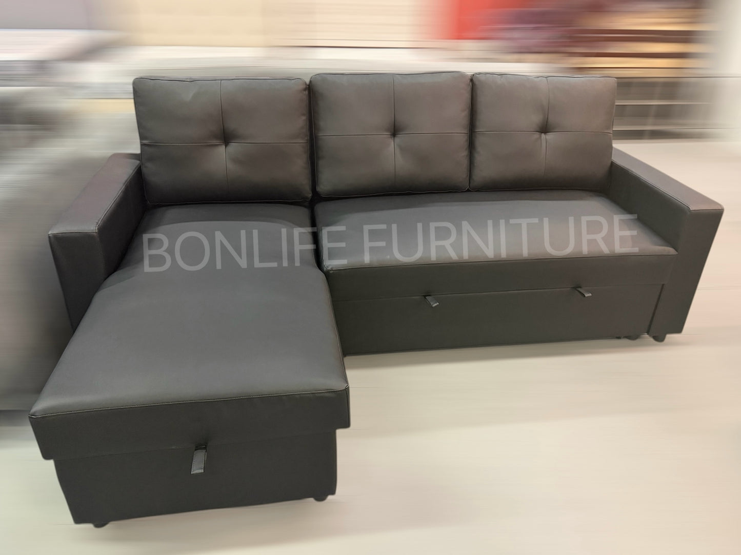 Modern Black PU Leather Sofa Bed Sectional with Storage – I9032