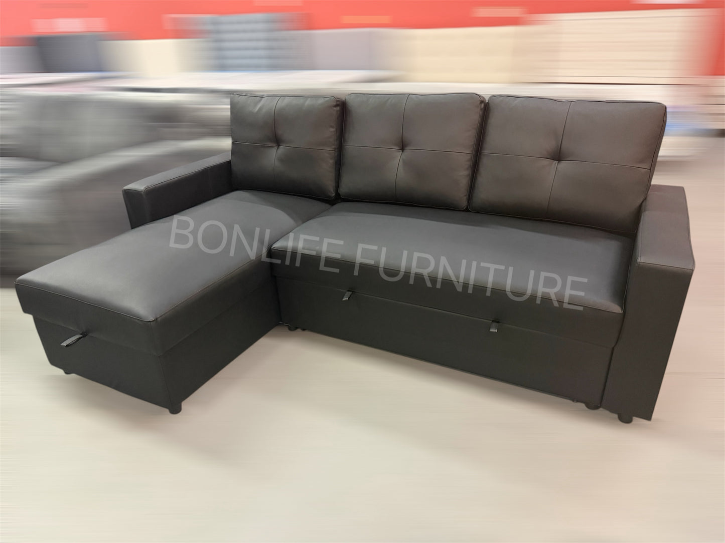 Modern Black PU Leather Sofa Bed Sectional with Storage – I9032