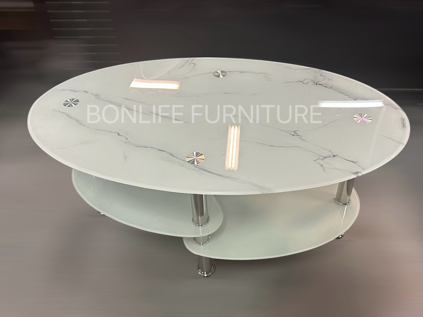 Modern White Marble Glass Coffee Table with Chrome Legs-I2029