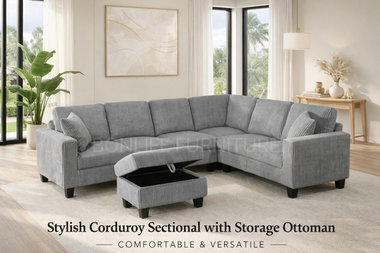 Corduroy Reversible Sectional Sofa with Storage Ottoman-D2509