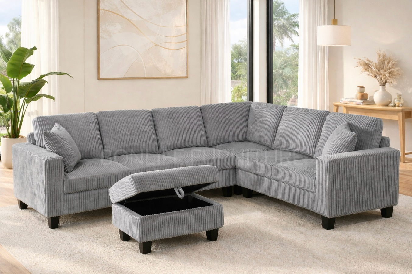 Corduroy Reversible Sectional Sofa with Storage Ottoman-D2509