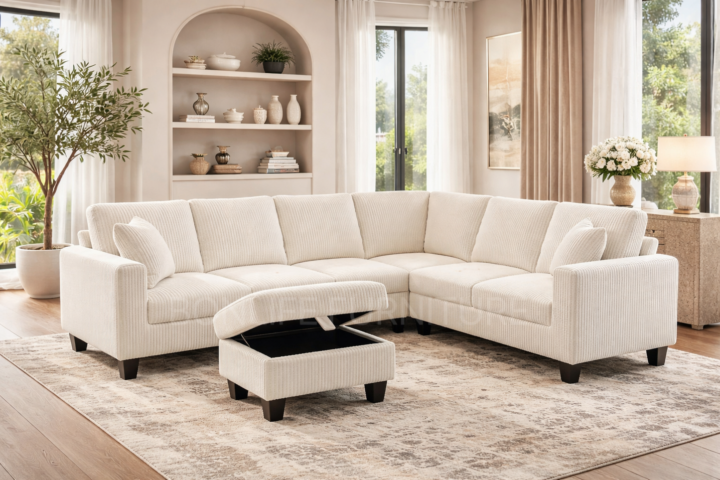 Corduroy Reversible Sectional Sofa with Storage Ottoman-D2509