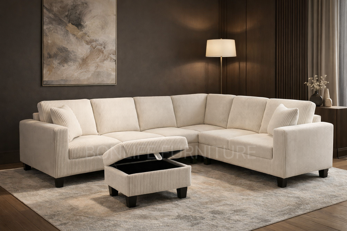 Corduroy Reversible Sectional Sofa with Storage Ottoman-D2509