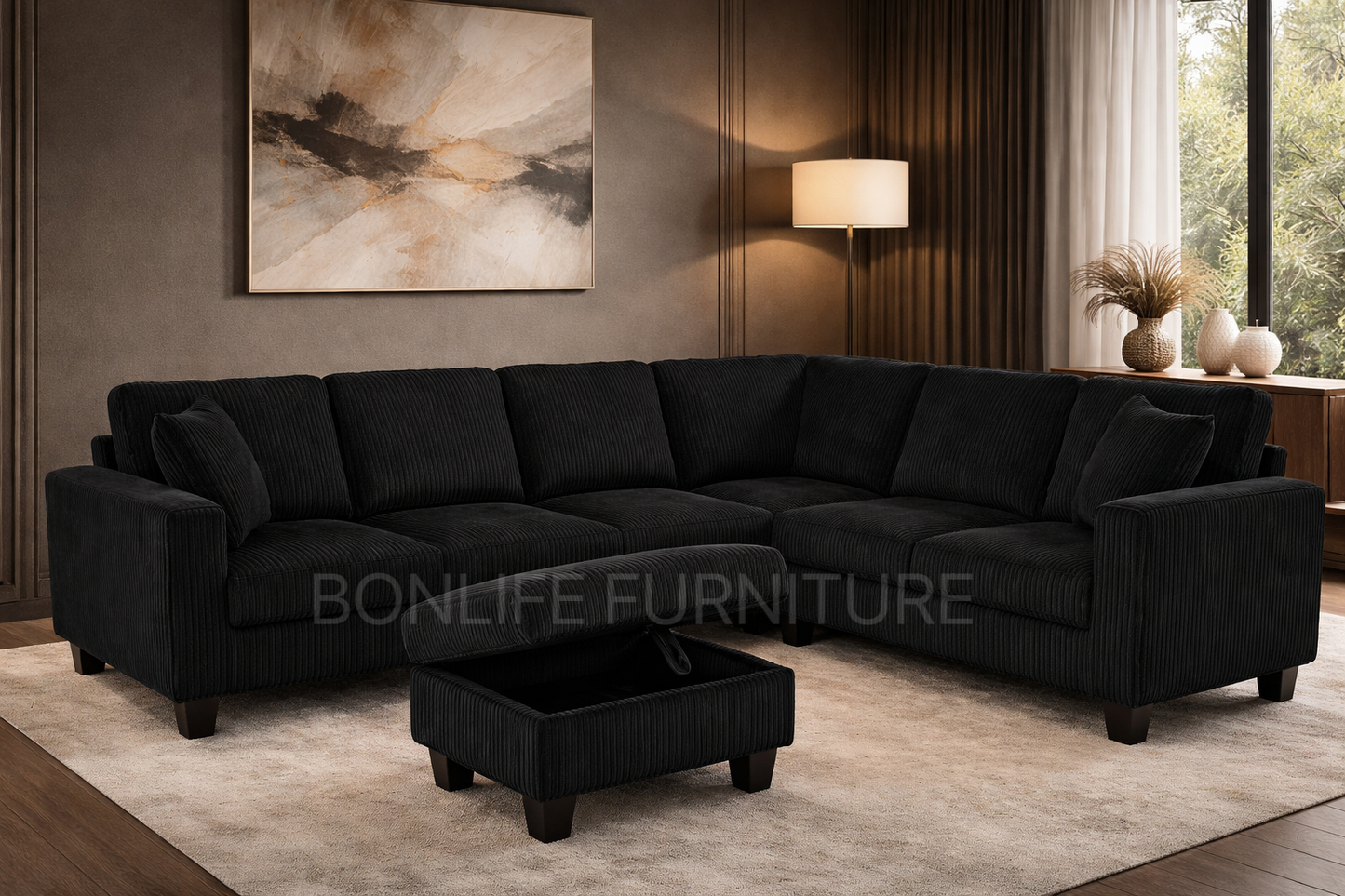 Corduroy Reversible Sectional Sofa with Storage Ottoman-D2509