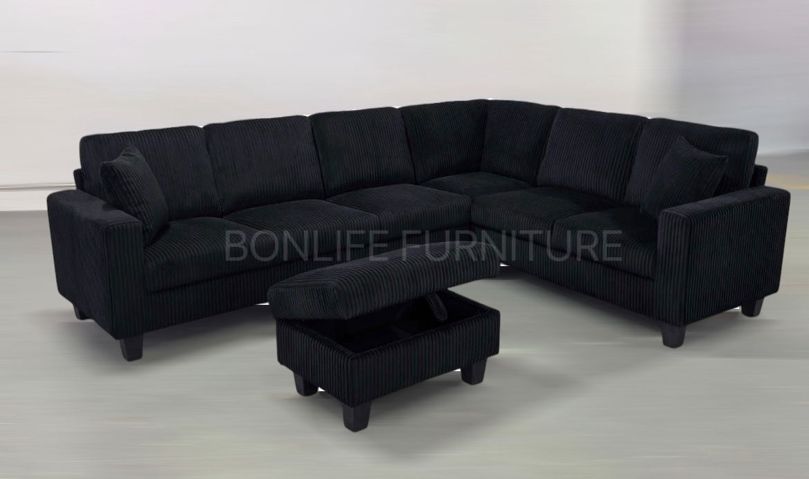 Corduroy Reversible Sectional Sofa with Storage Ottoman-D2509