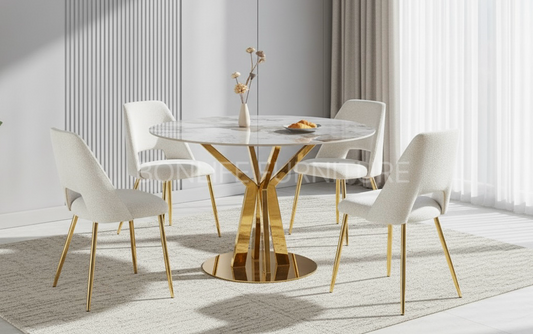 5pc Modern Round Sintered Stone Dining Table Set with Gold Base & Ivory Teddy Chairs – BDT20GD