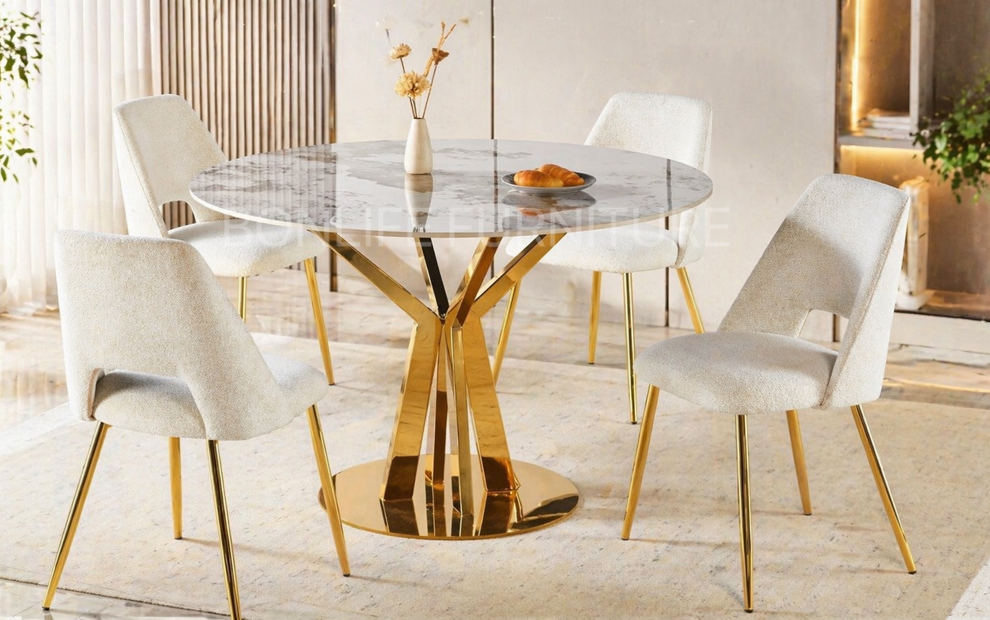 5pc Modern Round Sintered Stone Dining Table Set with Gold Base & Ivory Teddy Chairs – BDT20GD