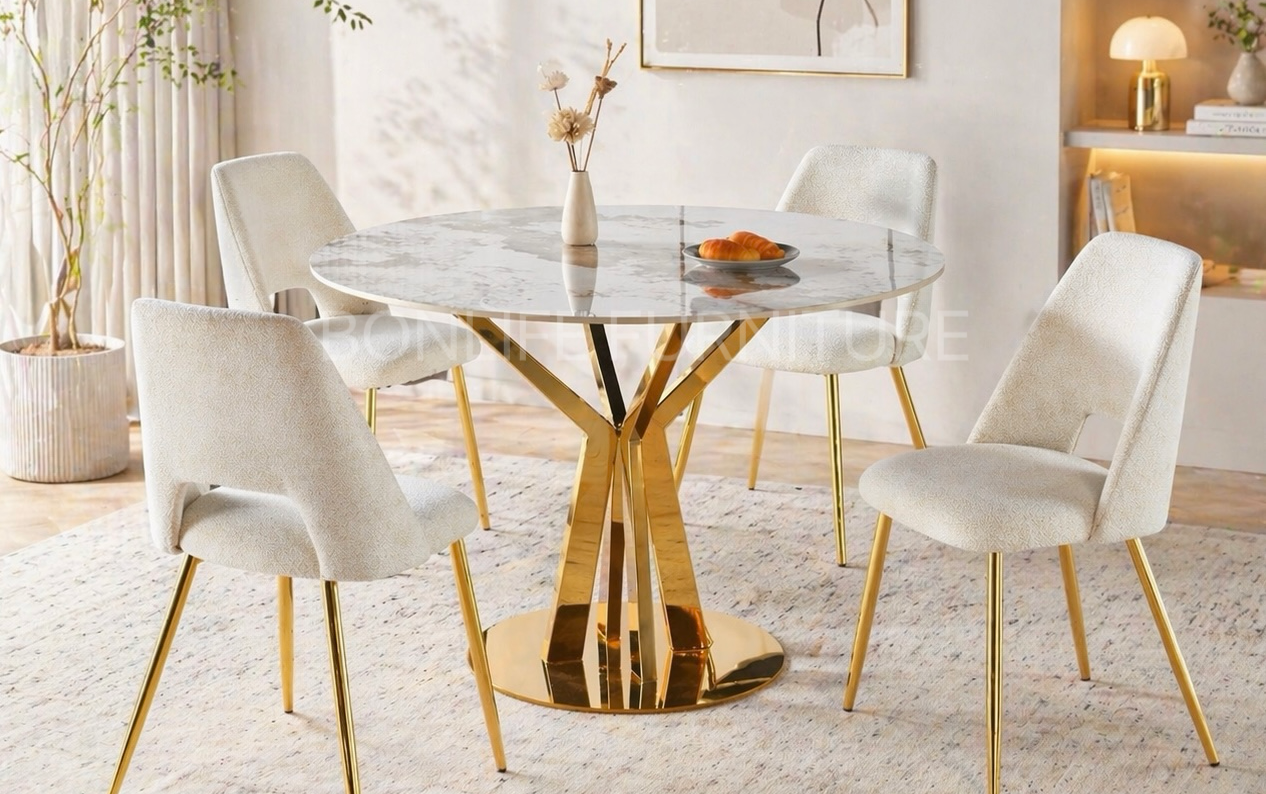 5pc Modern Round Sintered Stone Dining Table Set with Gold Base & Ivory Teddy Chairs – BDT20GD