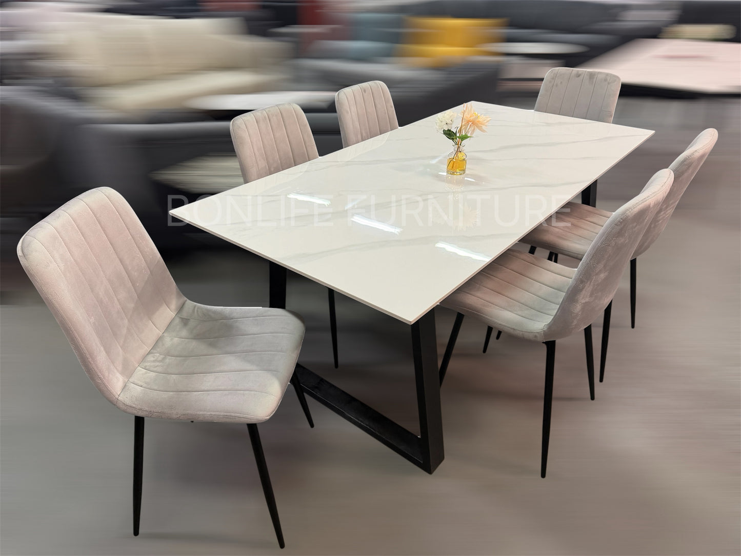 Modern 7-Piece Dining Set – 71” Sintered Stone Table with Velvet Chairs-I1550(1473C)