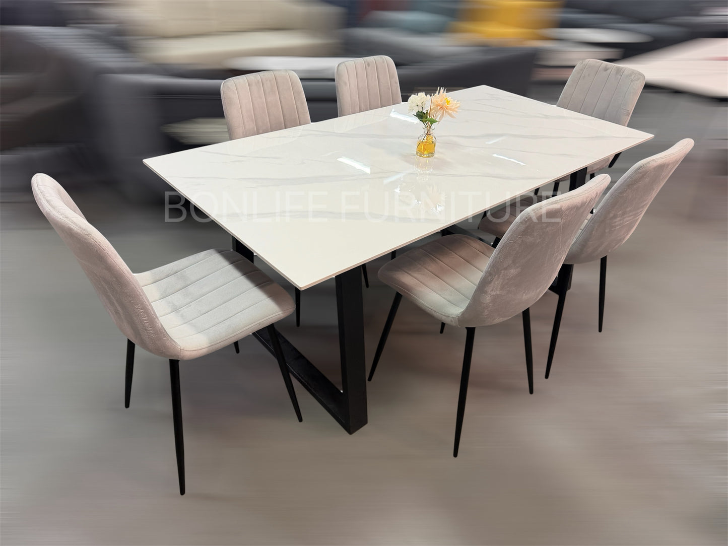 Modern 7-Piece Dining Set – 71” Sintered Stone Table with Velvet Chairs-I1550(1473C)