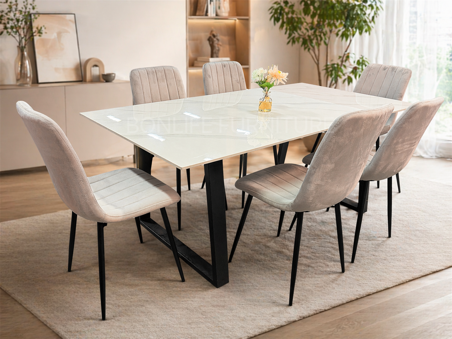 Modern 7-Piece Dining Set – 71” Sintered Stone Table with Velvet Chairs-I1550(1473C)