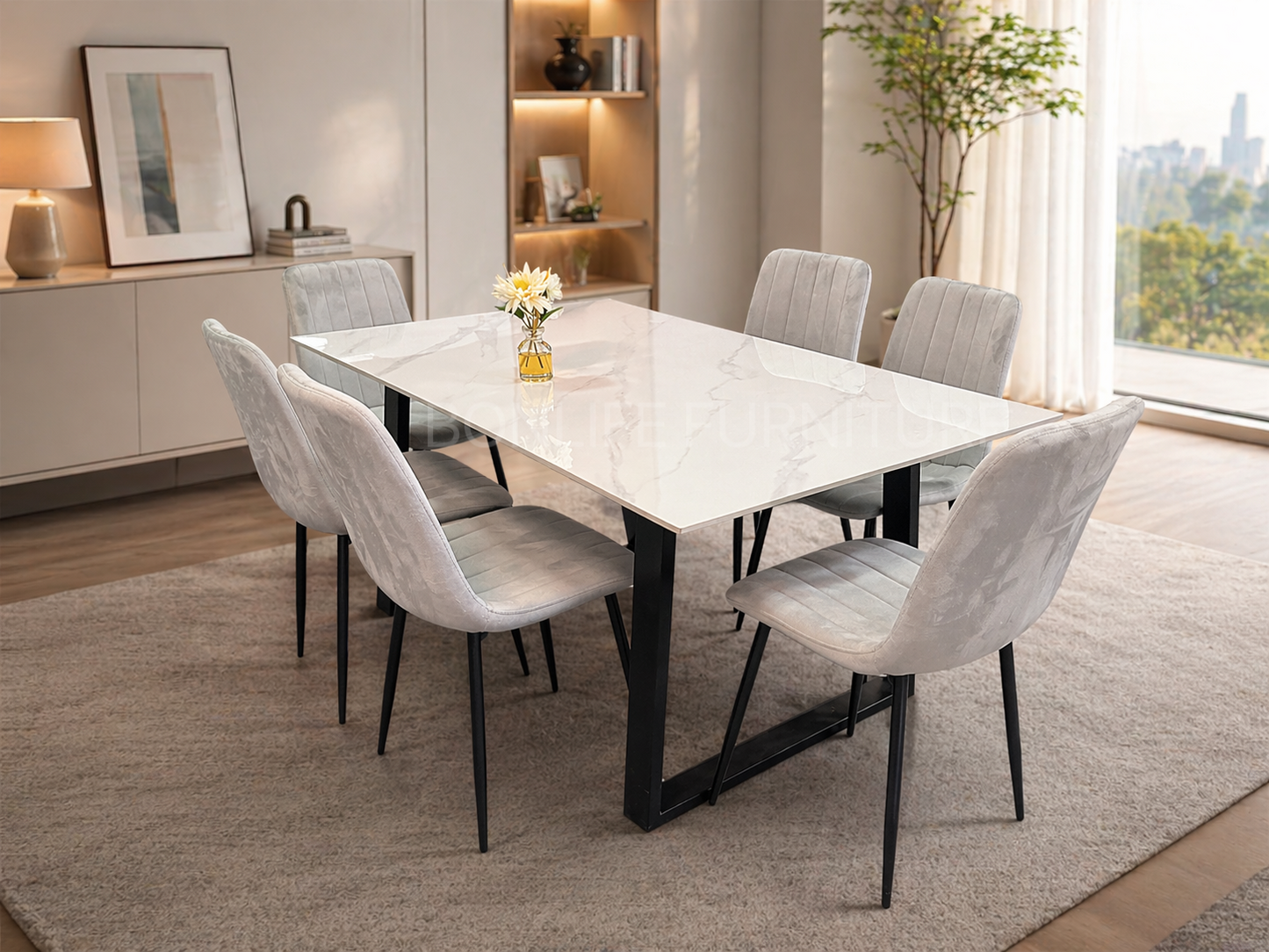 Modern 7-Piece Dining Set – 71” Sintered Stone Table with Velvet Chairs-I1550(1473C)