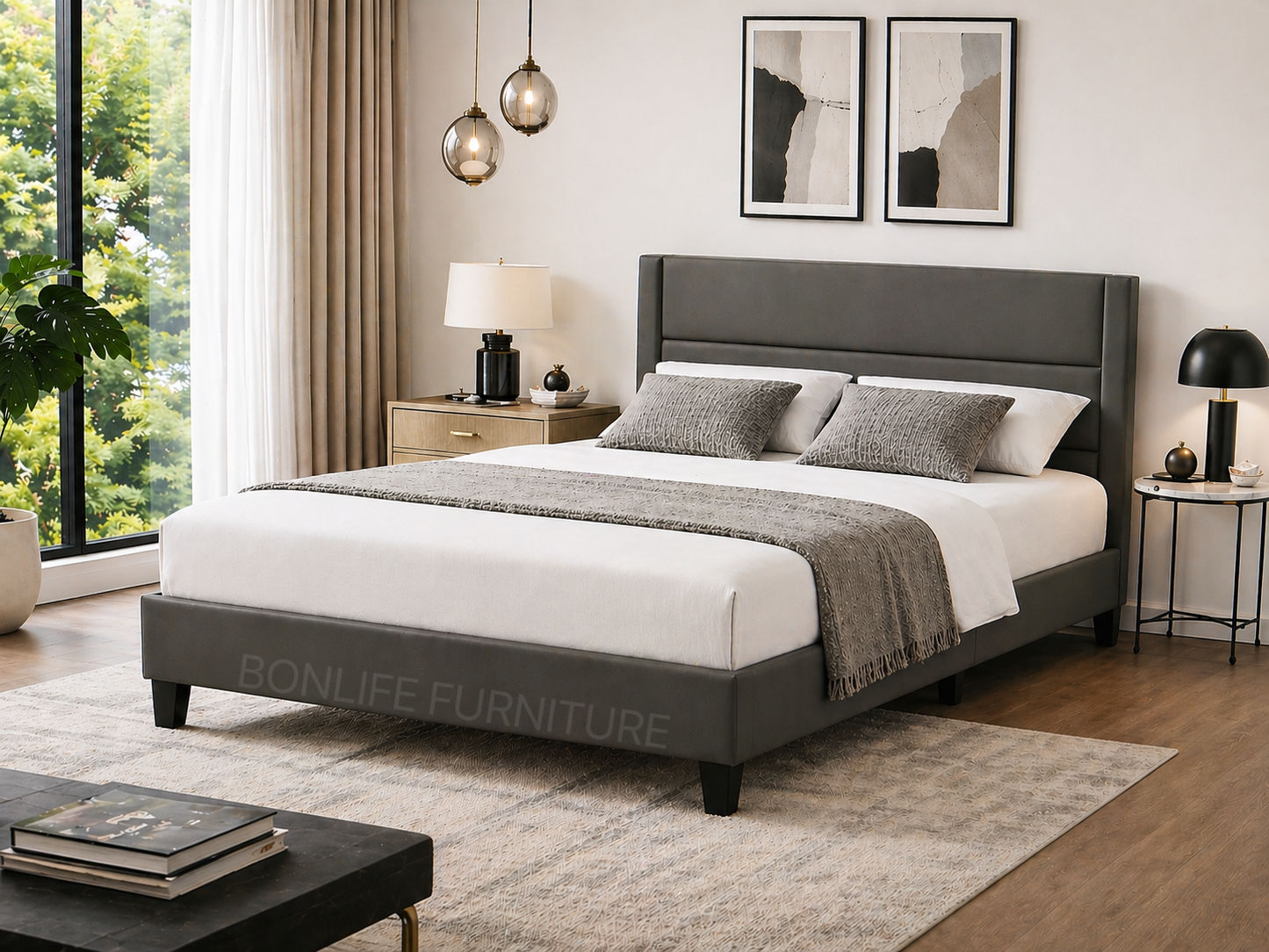 Modern PU Leather Platform Bed with Channel Tufted Headboard-T2175PU