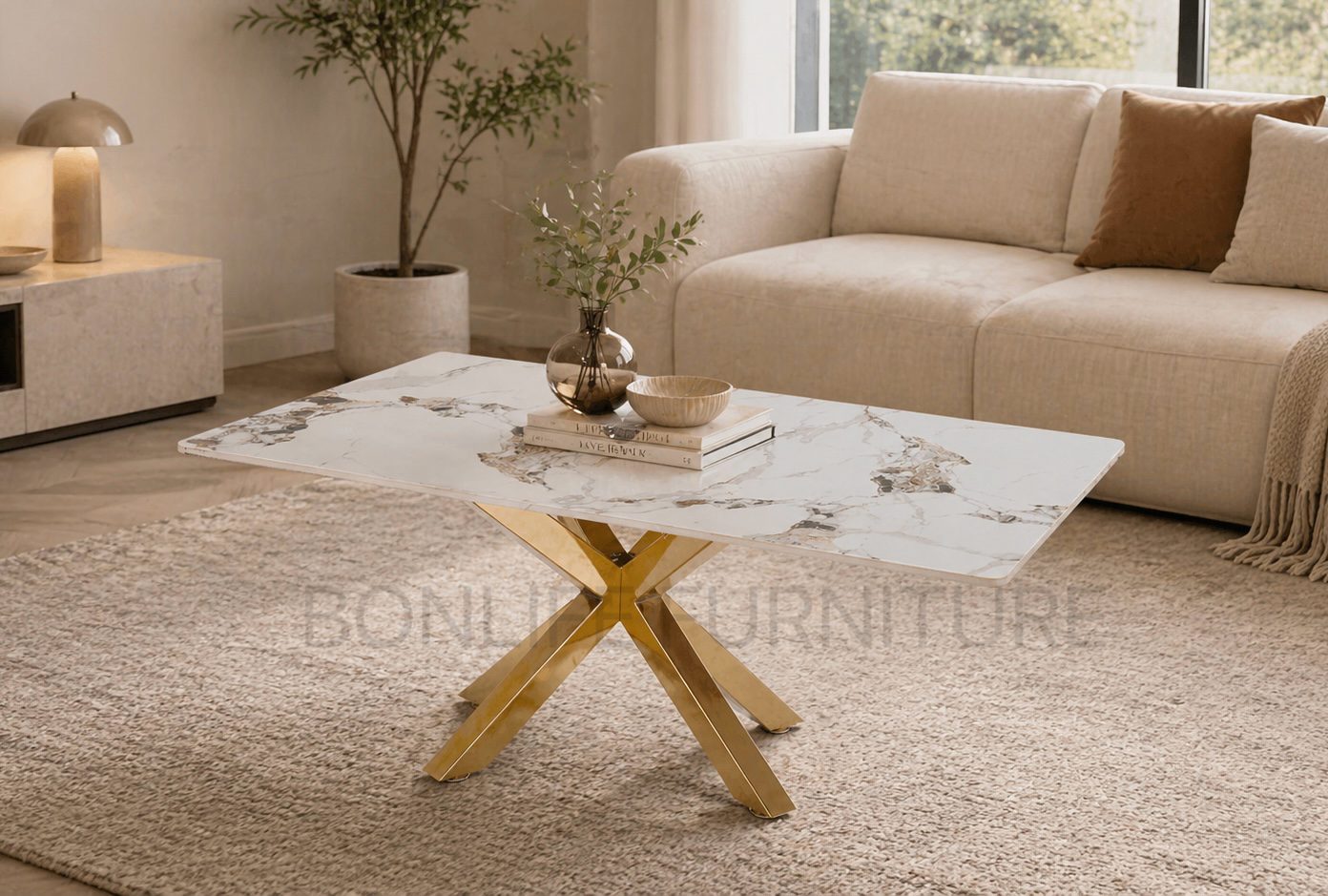 Modern Sintered Stone Coffee Table – 44" Marble Look Top with Gold Base-BCT18
