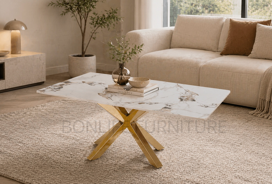 Modern Sintered Stone Coffee Table – 44" Marble Look Top with Gold Base-BCT18
