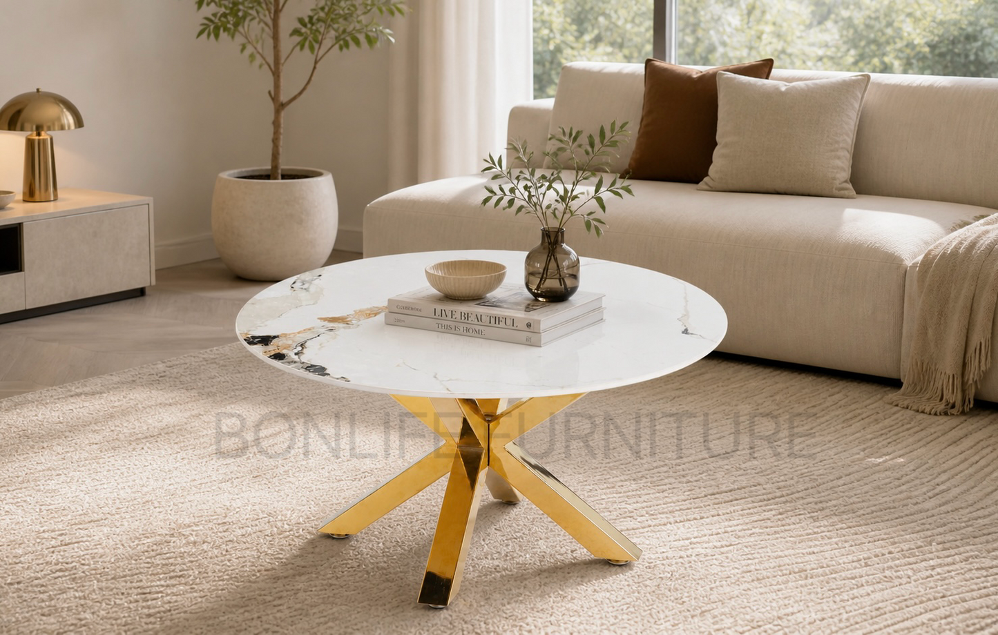 Modern Round Sintered Stone Coffee Table – 31.5" Marble Look Top with Gold Base-BCT17