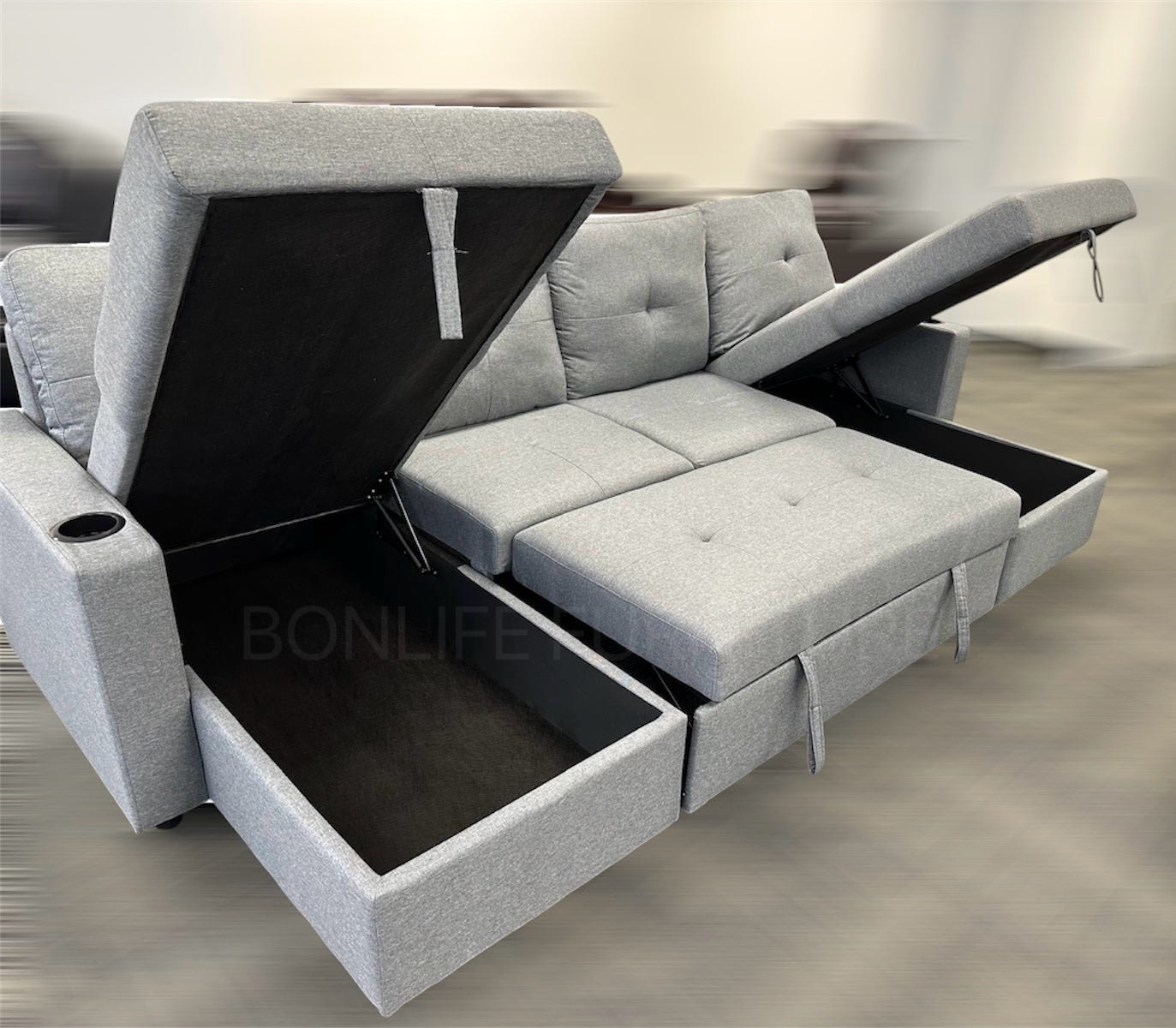 U-Shaped Fabric Sectional Sofa Bed with Dual Storage Chaise & Cup Holders-GUSHAPE