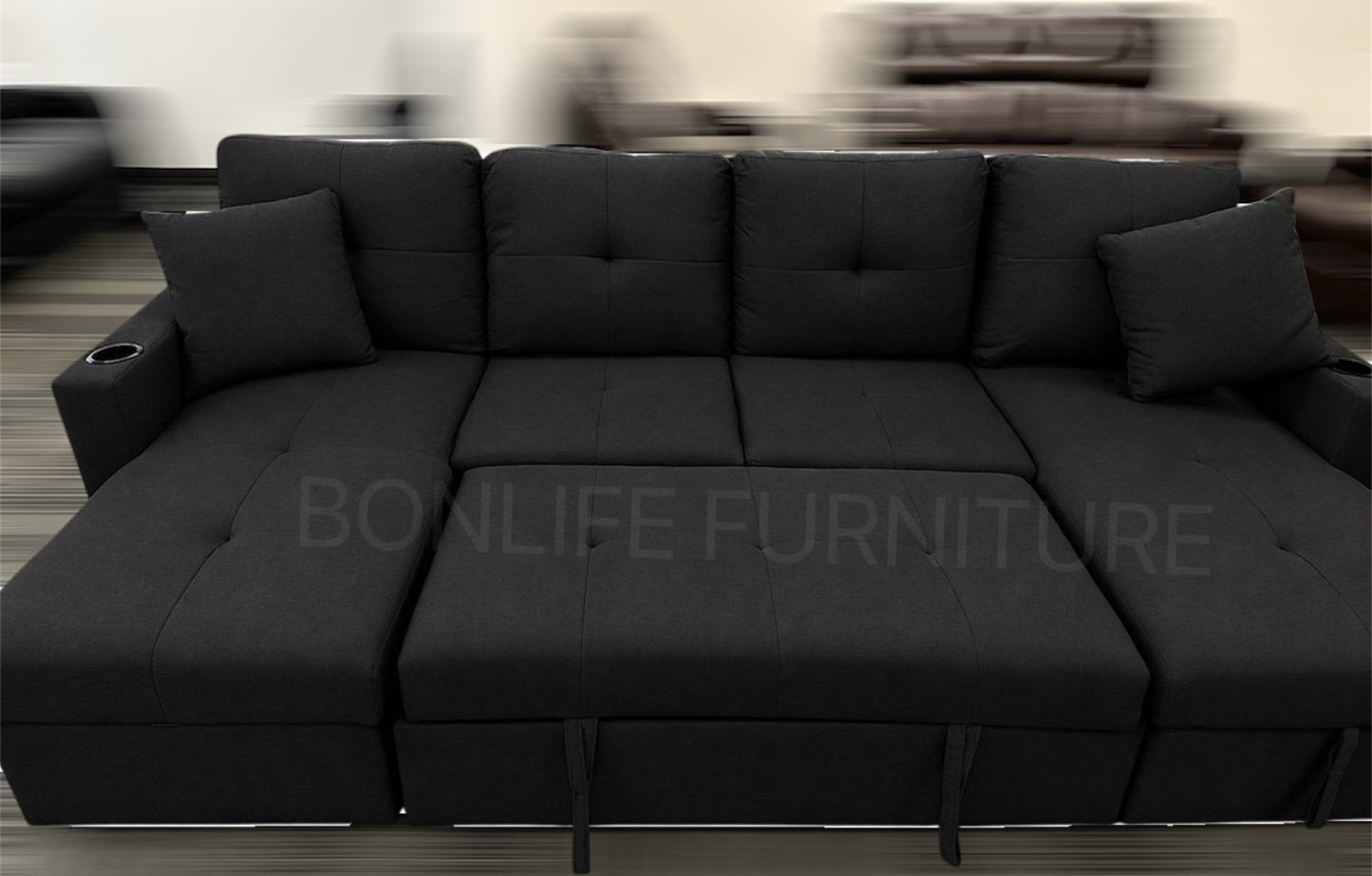 U-Shaped Fabric Sectional Sofa Bed with Dual Storage Chaise & Cup Holders-GUSHAPE