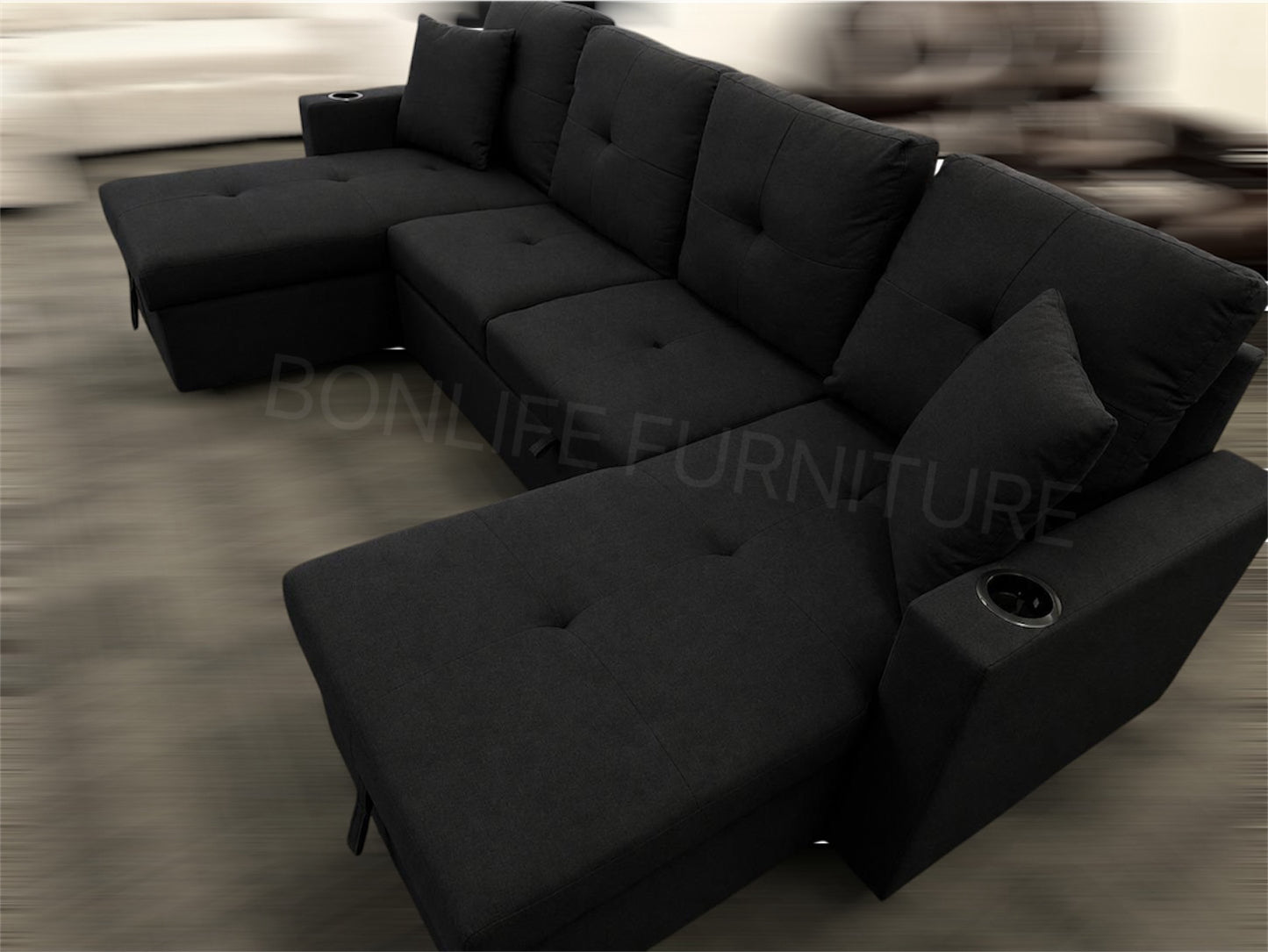 U-Shaped Fabric Sectional Sofa Bed with Dual Storage Chaise & Cup Holders-GUSHAPE