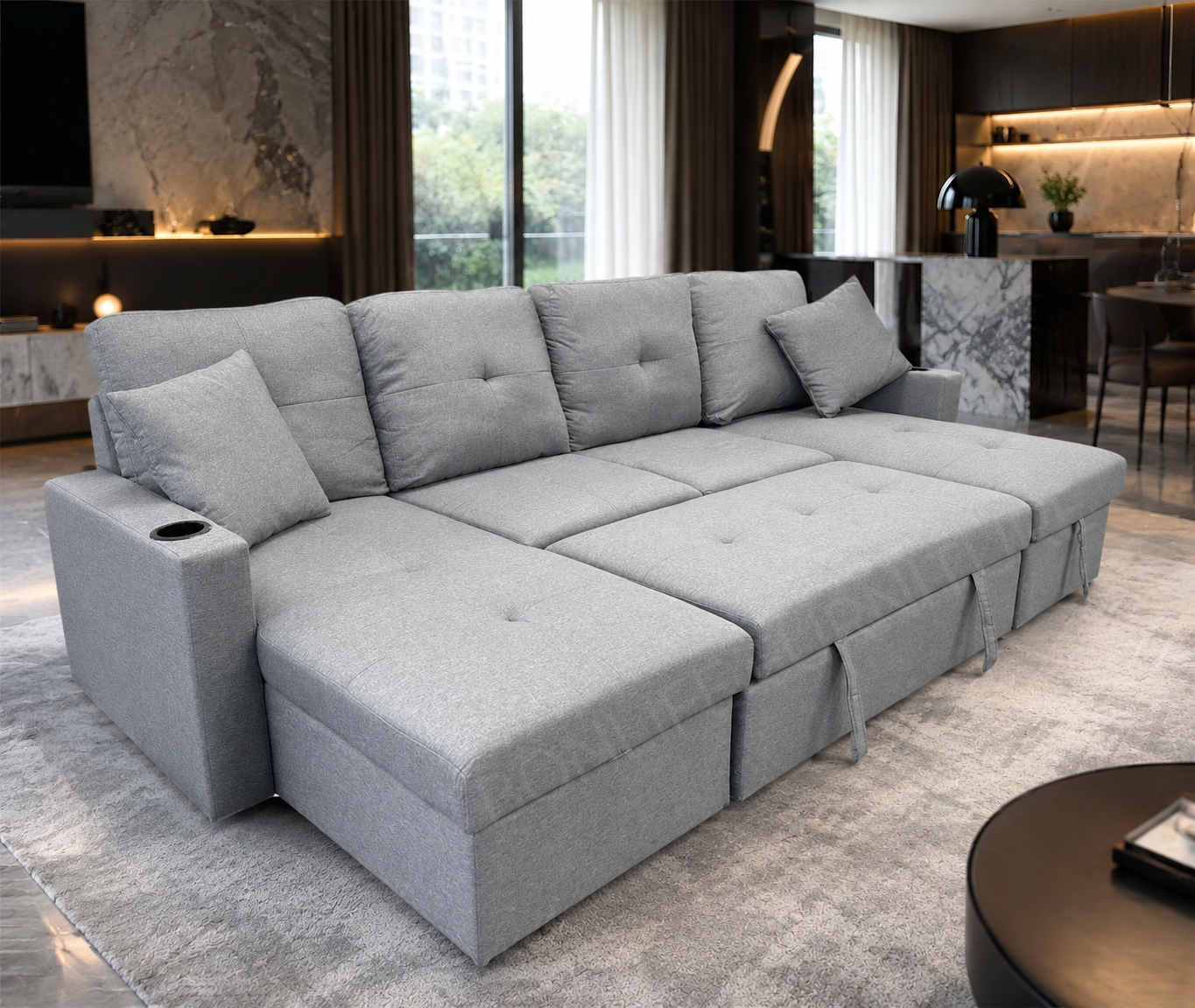 U-Shaped Fabric Sectional Sofa Bed with Dual Storage Chaise & Cup Holders-GUSHAPE