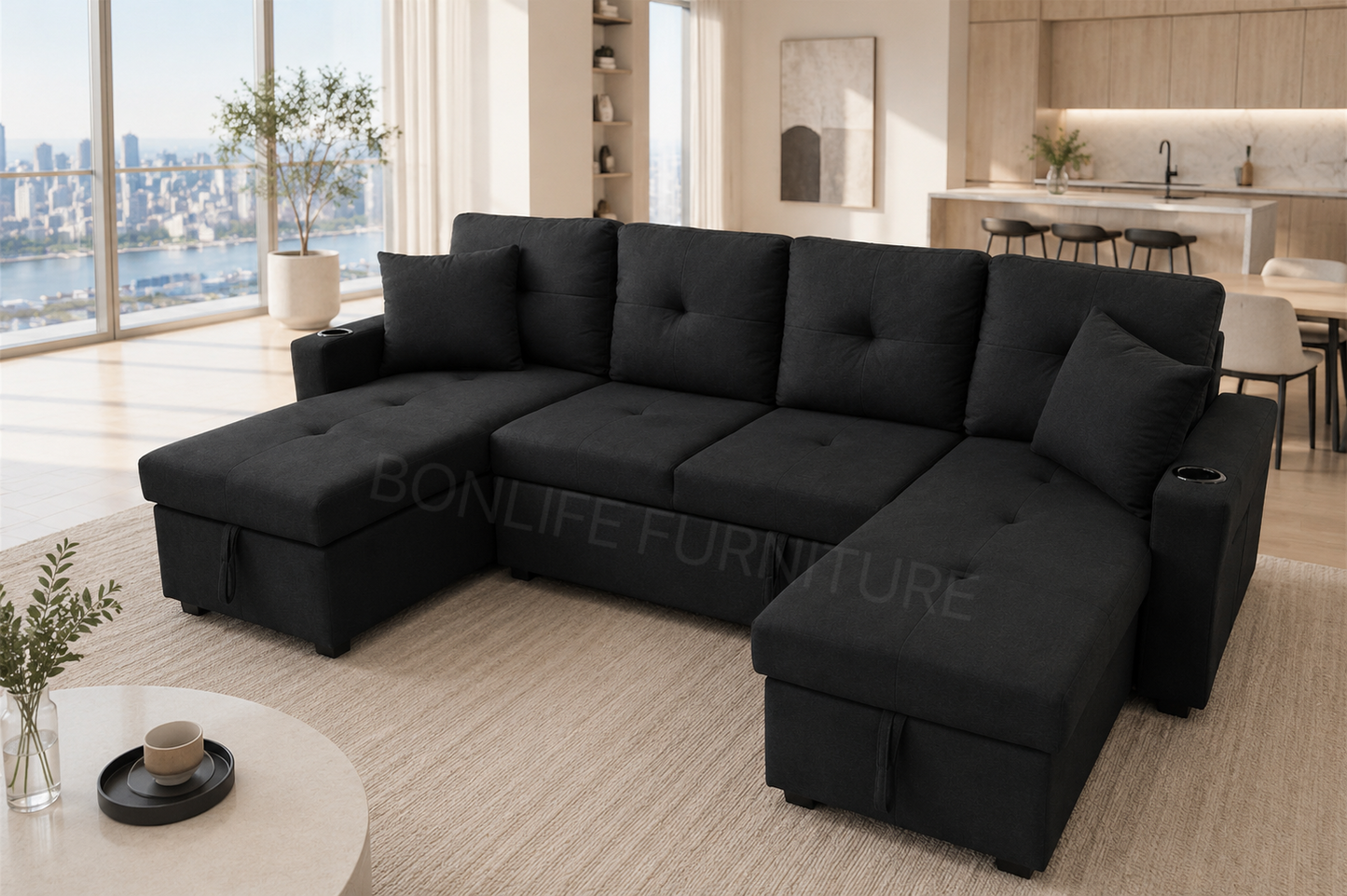 U-Shaped Fabric Sectional Sofa Bed with Dual Storage Chaise & Cup Holders-GUSHAPE