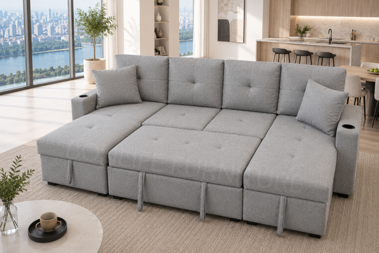 U-Shaped Fabric Sectional Sofa Bed with Dual Storage Chaise & Cup Holders-GUSHAPE