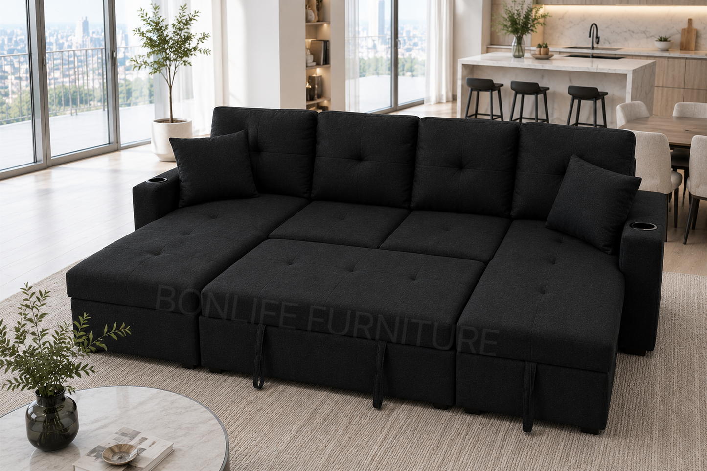 U-Shaped Fabric Sectional Sofa Bed with Dual Storage Chaise & Cup Holders-GUSHAPE