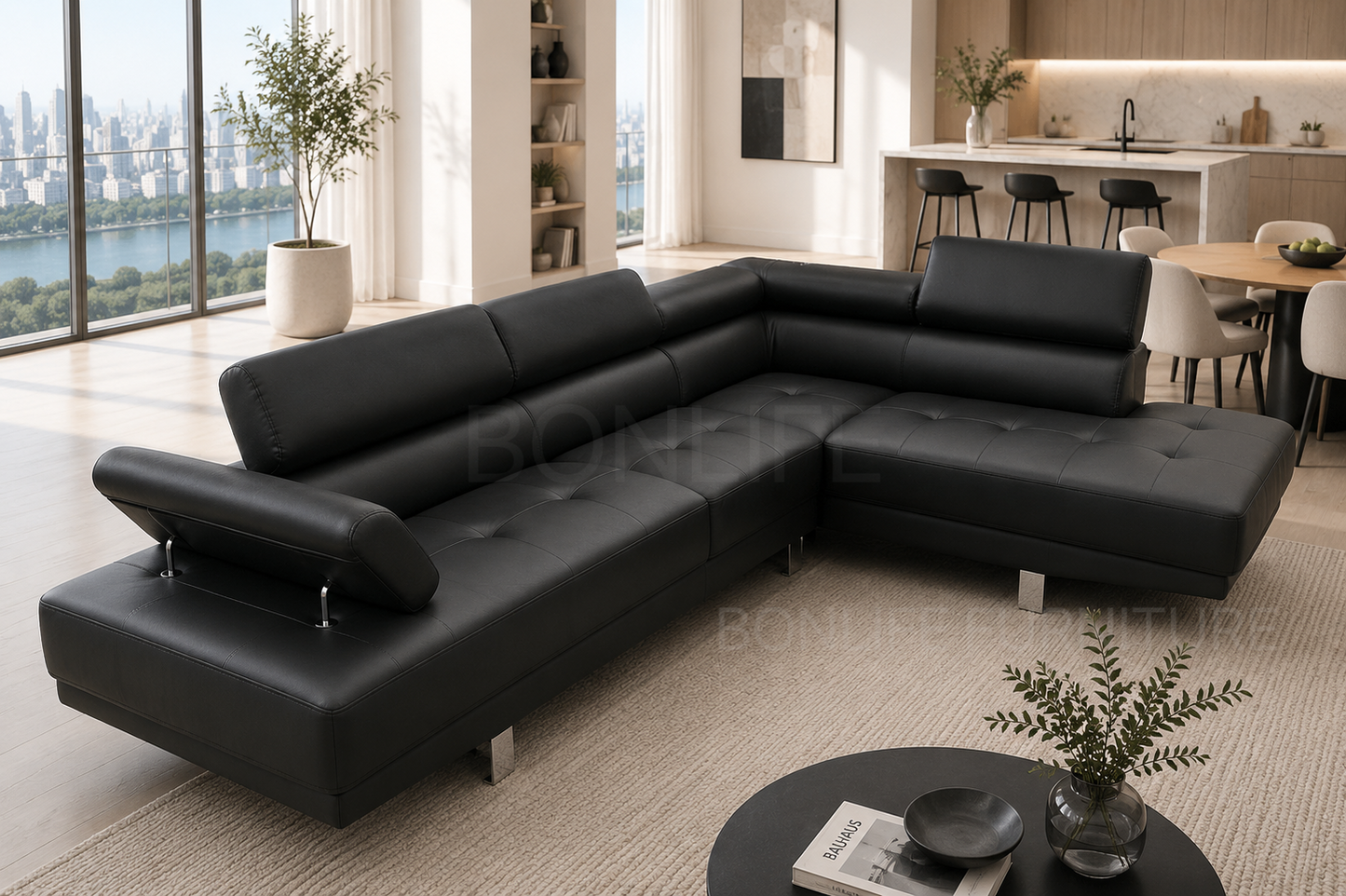Modern Gel Leather Sectional Sofa with Adjustable Backrests-GMontero