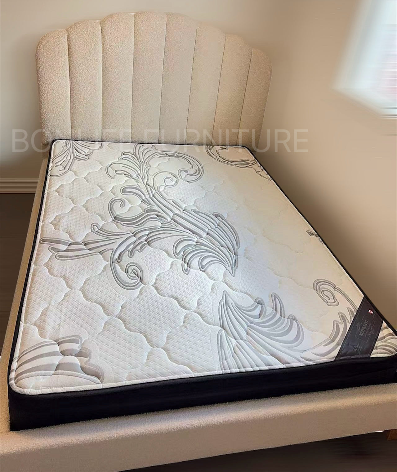 White Teddy Fabric Platform Bed, Nightstand & Storage Bench-I5100